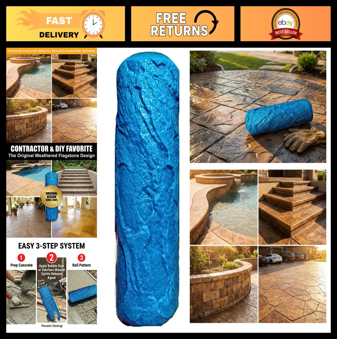 Weathered Flagstone Concrete Roller Stamp – Stone Texture for Patios, Driveways,